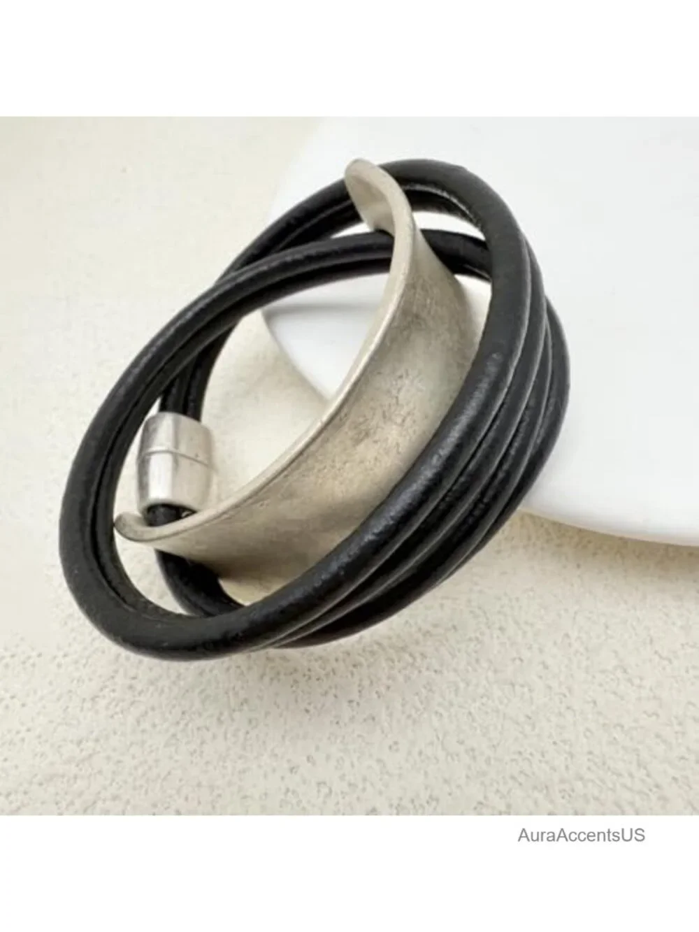 Handmade Leather Wrap Bracelet for Women Adjustable Boho Antique Silver Bangle